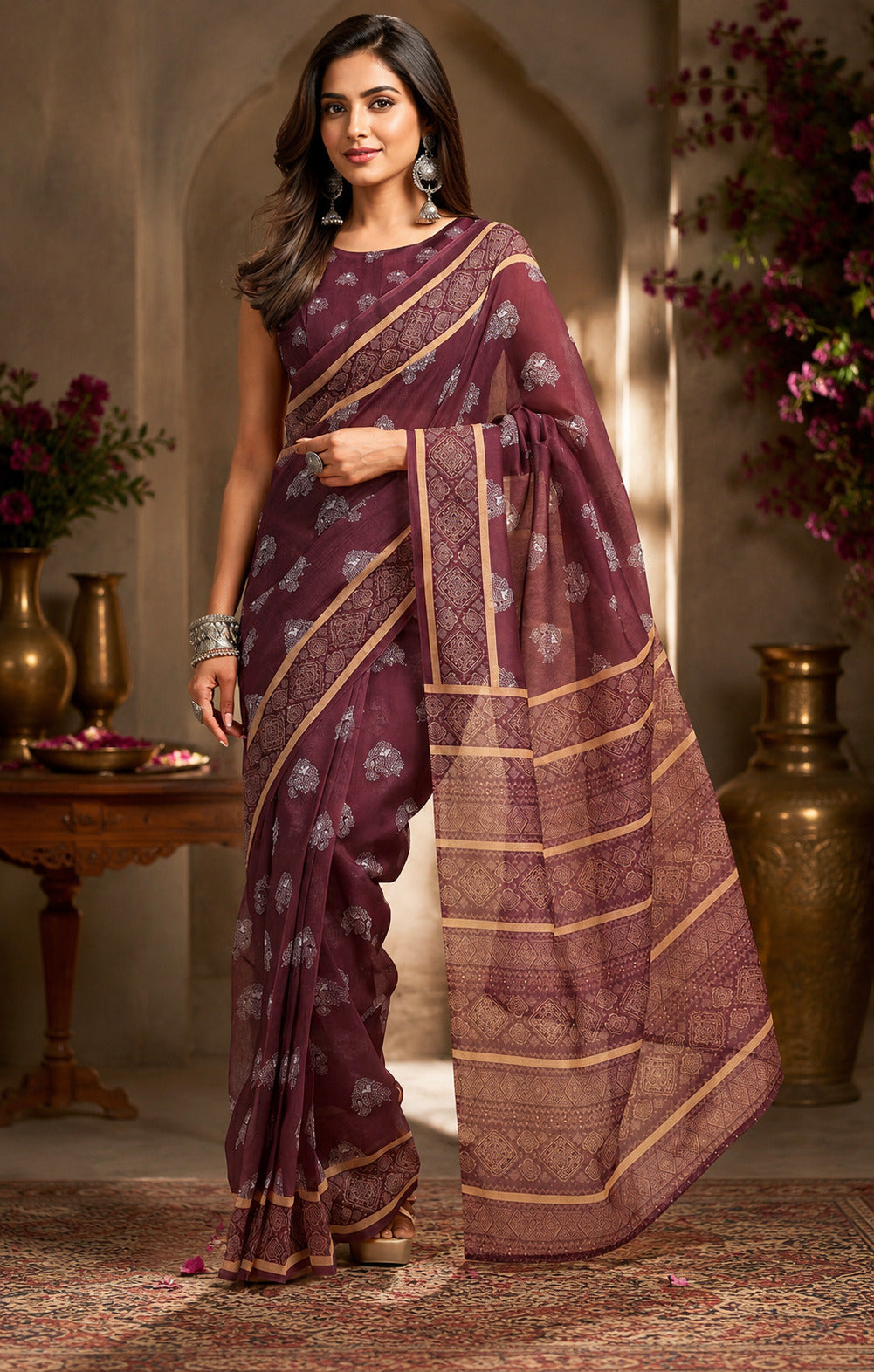 Dwija Fashion Dark Wine Party Wear Printed Linen Ready To Wear Saree With Unstitched Blouse