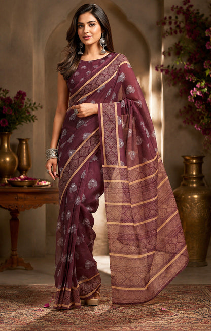 Dwija Fashion Dark Wine Party Wear Printed Linen Ready To Wear Saree With Unstitched Blouse
