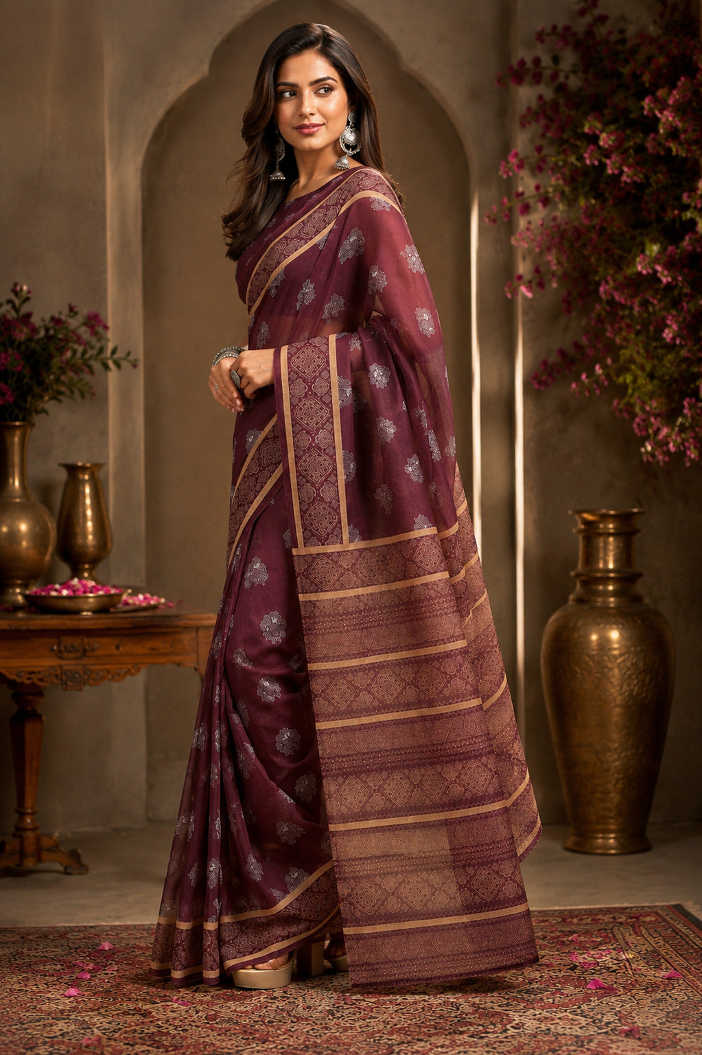 Dwija Fashion Dark Wine Party Wear Printed Linen Ready To Wear Saree With Unstitched Blouse