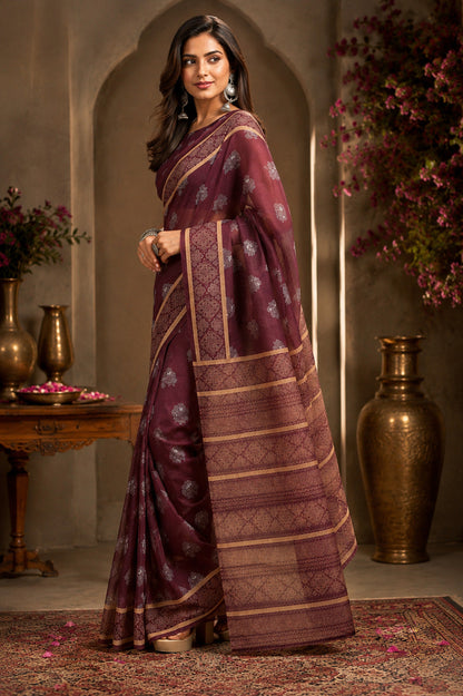 Dwija Fashion Dark Wine Party Wear Printed Linen Ready To Wear Saree With Unstitched Blouse