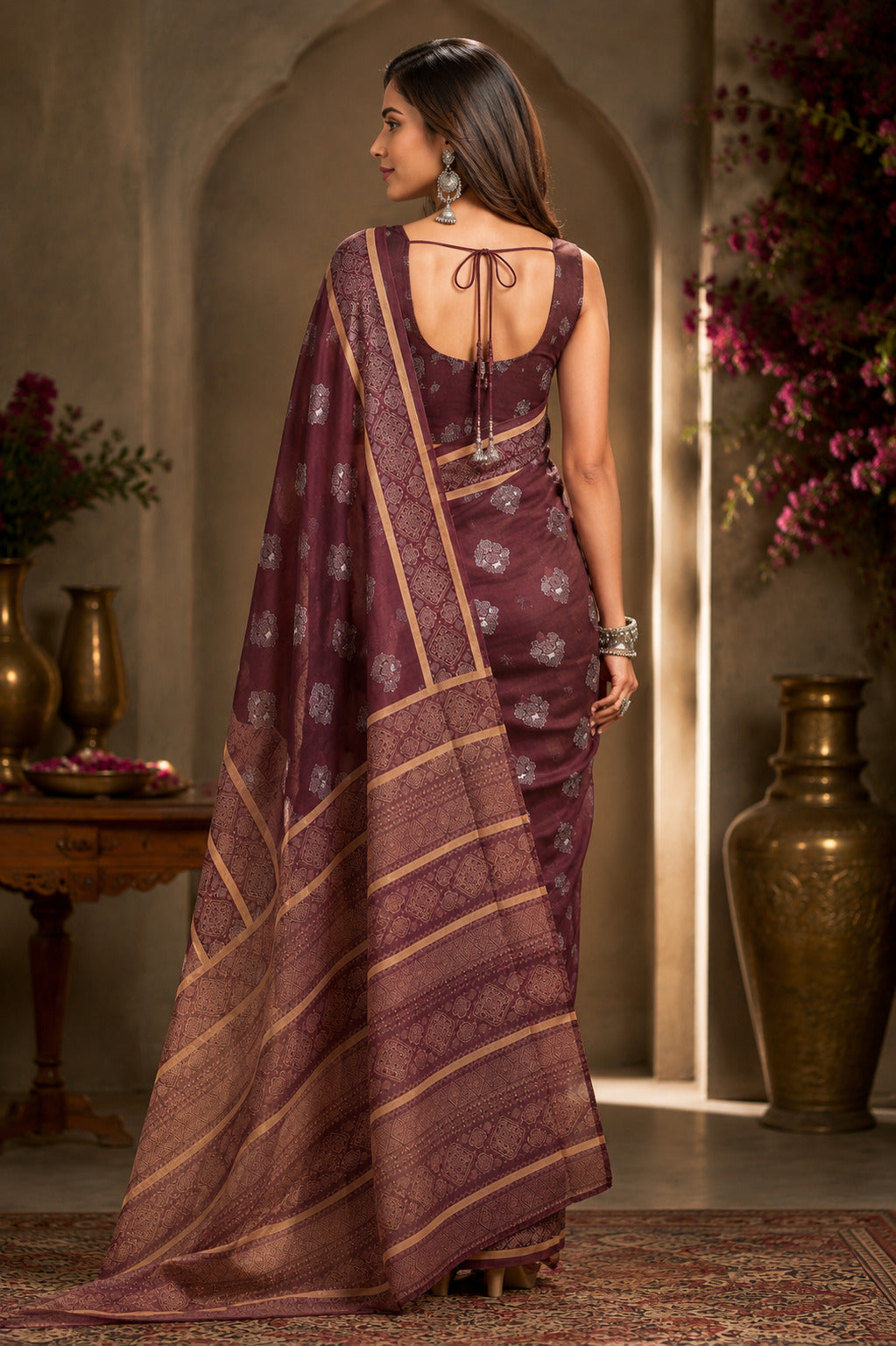 Dwija Fashion Dark Wine Party Wear Printed Linen Ready To Wear Saree With Unstitched Blouse