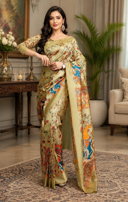 Dwija Fashion Golden Party Wear Printed Linen Ready To Wear Saree With Unstitched Blouse