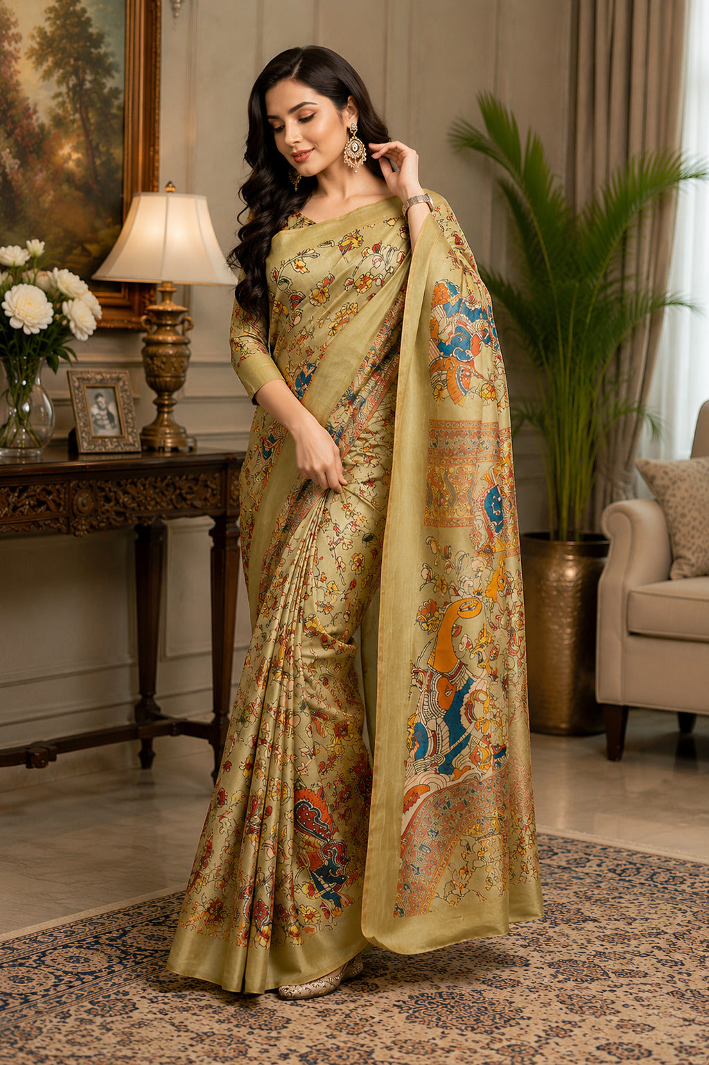 Dwija Fashion Golden Party Wear Printed Linen Ready To Wear Saree With Unstitched Blouse