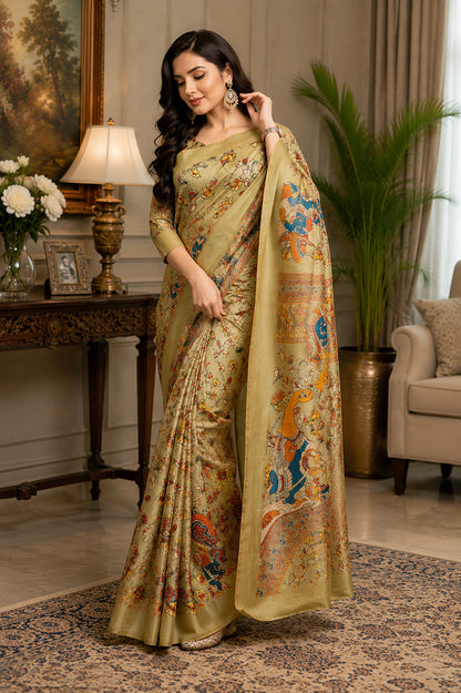 Dwija Fashion Golden Party Wear Printed Linen Ready To Wear Saree With Unstitched Blouse