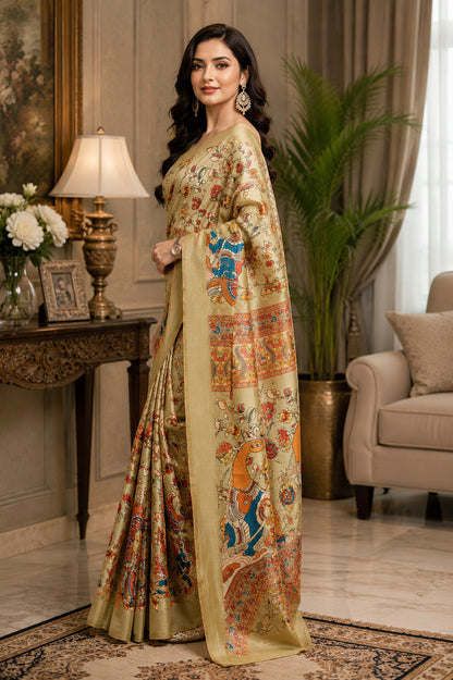 Dwija Fashion Golden Party Wear Printed Linen Ready To Wear Saree With Unstitched Blouse