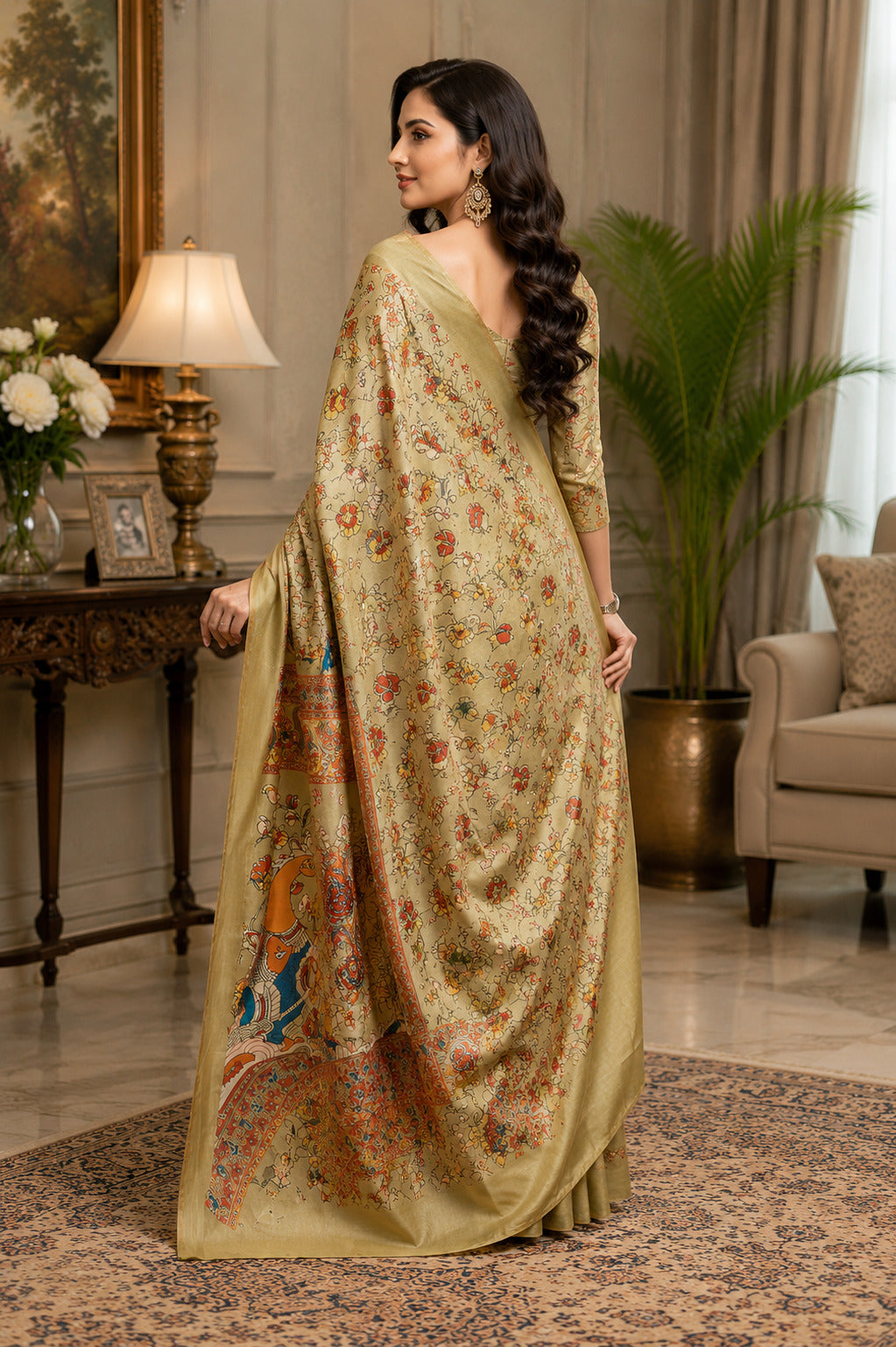 Dwija Fashion Golden Party Wear Printed Linen Ready To Wear Saree With Unstitched Blouse