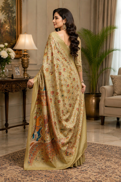Dwija Fashion Golden Party Wear Printed Linen Ready To Wear Saree With Unstitched Blouse