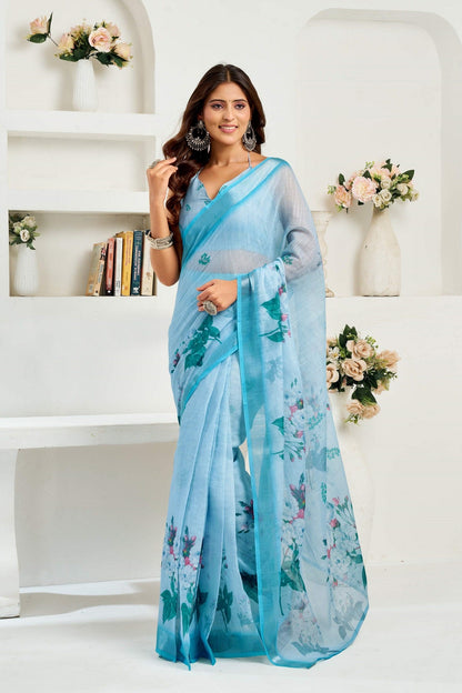 Dwija Fashion Powder Blue Party Wear Printed Linen Ready To Wear Saree With Unstitched Blouse