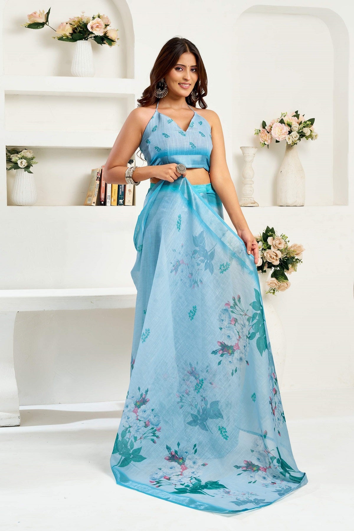Dwija Fashion Powder Blue Party Wear Printed Linen Ready To Wear Saree With Unstitched Blouse