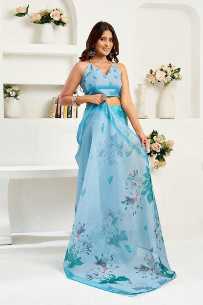 Dwija Fashion Powder Blue Party Wear Printed Linen Ready To Wear Saree With Unstitched Blouse
