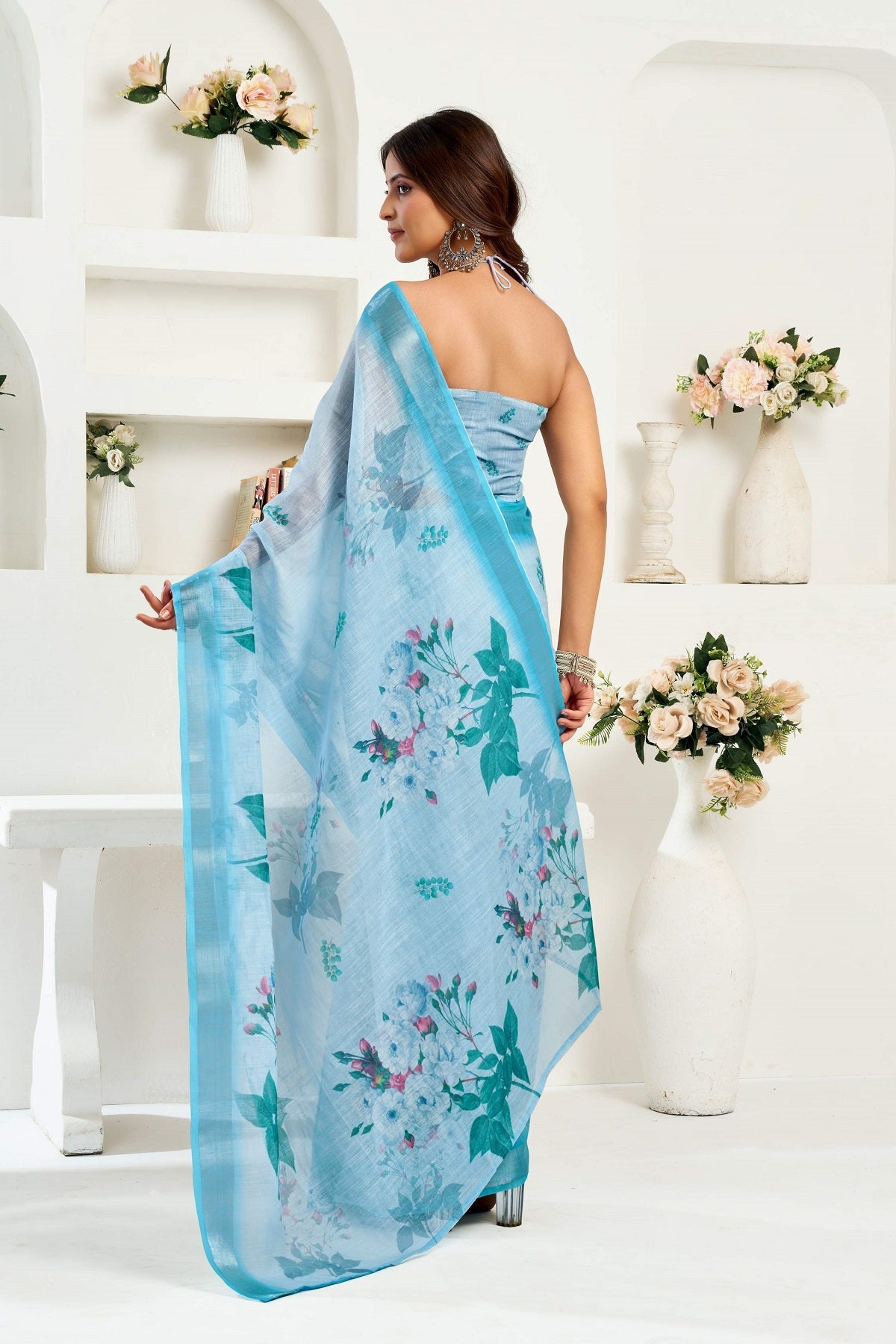 Dwija Fashion Powder Blue Party Wear Printed Linen Ready To Wear Saree With Unstitched Blouse