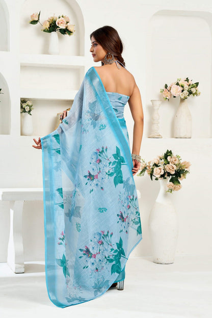 Dwija Fashion Powder Blue Party Wear Printed Linen Ready To Wear Saree With Unstitched Blouse
