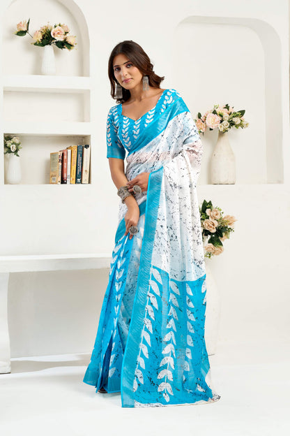 Dwija Fashion Sky Blue Party Wear Printed Linen Ready To Wear Saree With Unstitched Blouse