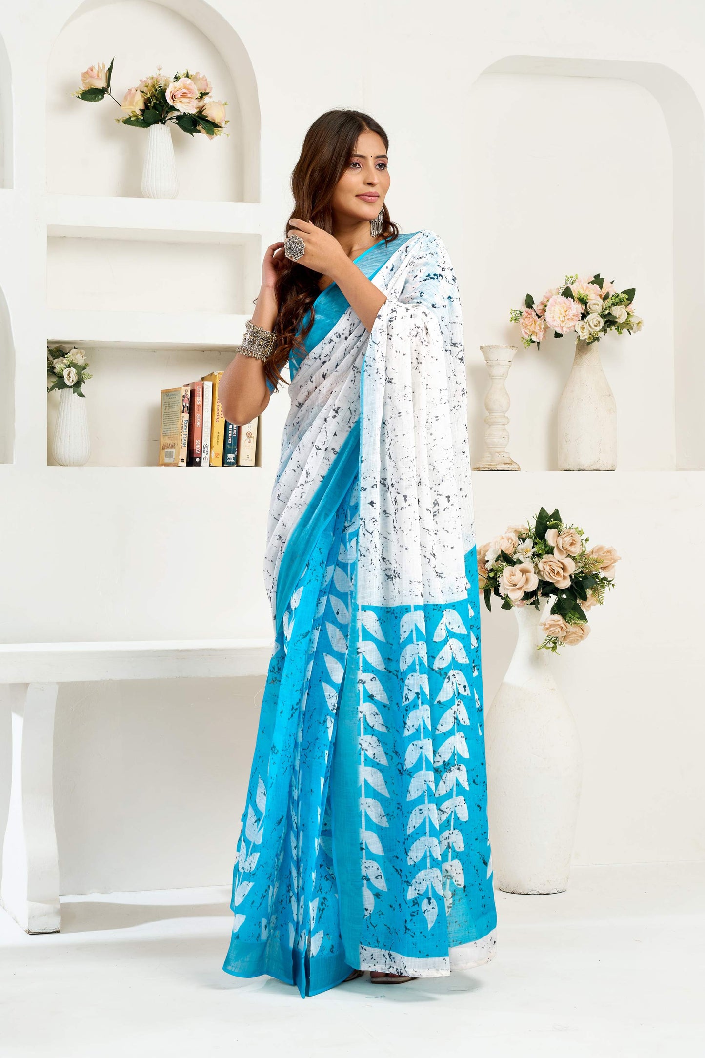 Dwija Fashion Sky Blue Party Wear Printed Linen Ready To Wear Saree With Unstitched Blouse