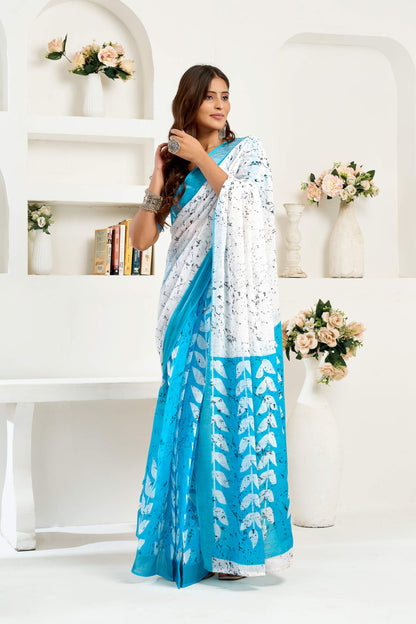 Dwija Fashion Sky Blue Party Wear Printed Linen Ready To Wear Saree With Unstitched Blouse