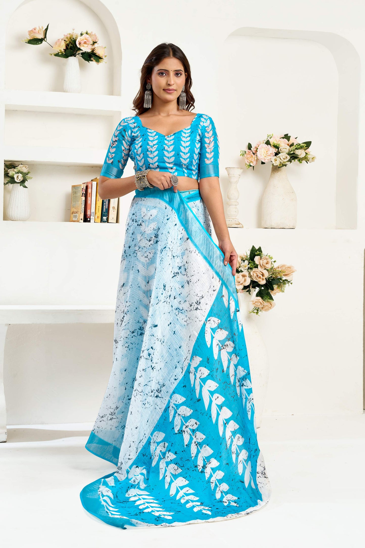 Dwija Fashion Sky Blue Party Wear Printed Linen Ready To Wear Saree With Unstitched Blouse