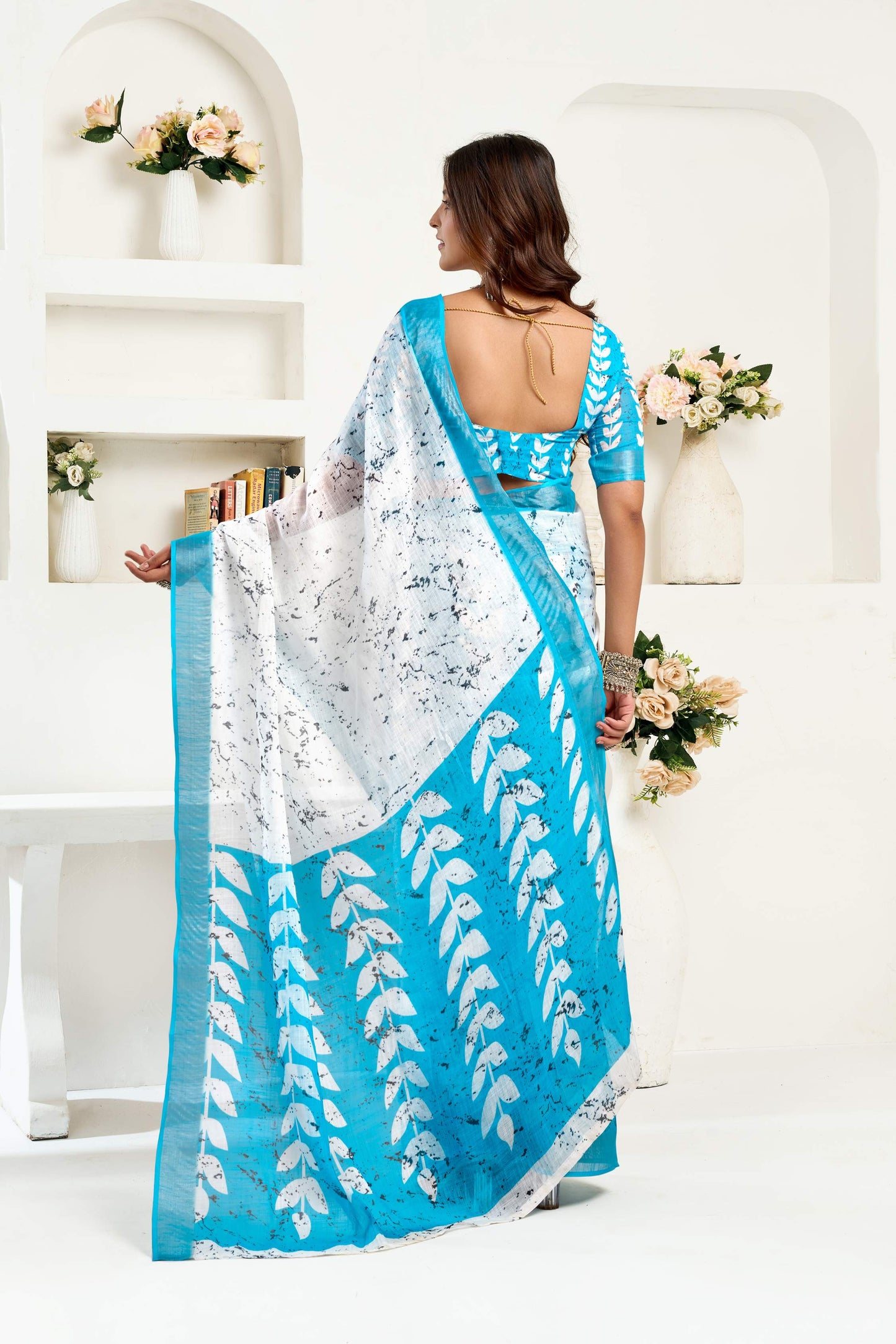 Dwija Fashion Sky Blue Party Wear Printed Linen Ready To Wear Saree With Unstitched Blouse