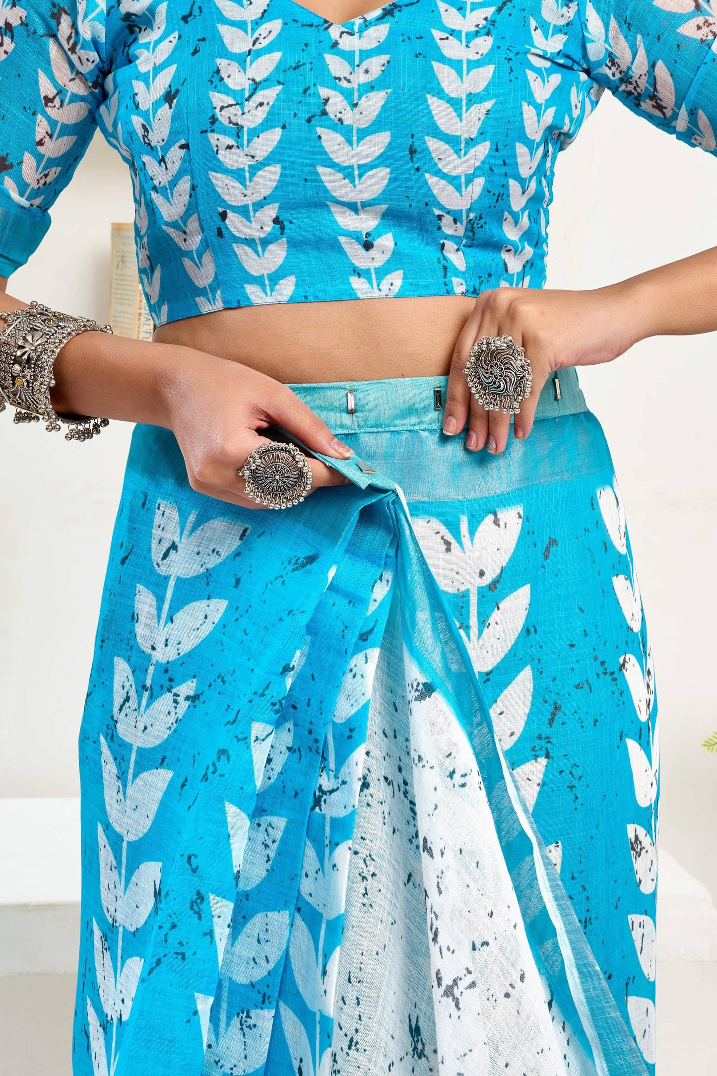 Dwija Fashion Sky Blue Party Wear Printed Linen Ready To Wear Saree With Unstitched Blouse