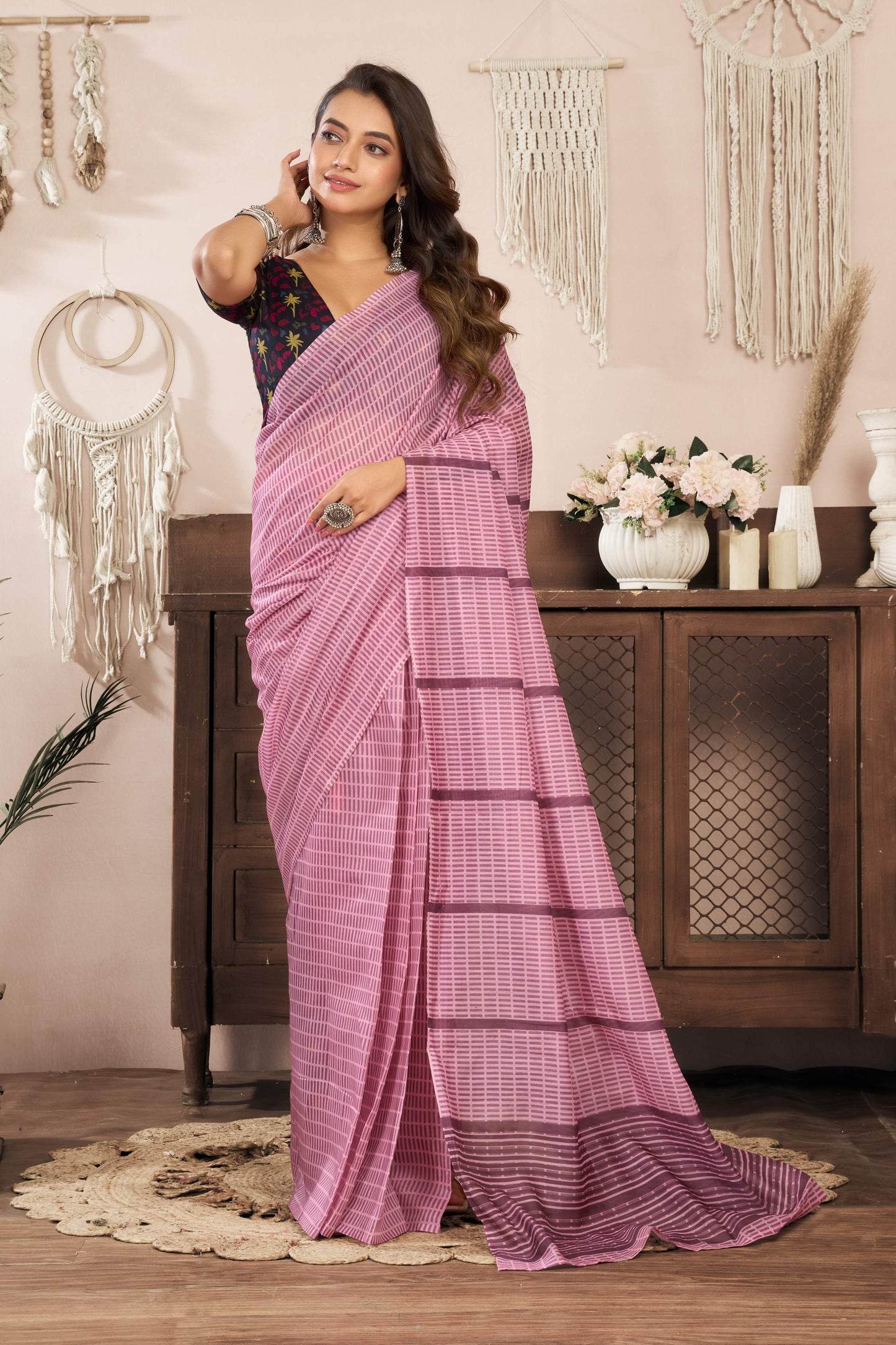 Dwija Fashion Powder Pink Party Wear Printed Linen Ready To Wear Saree With Unstitched Blouse