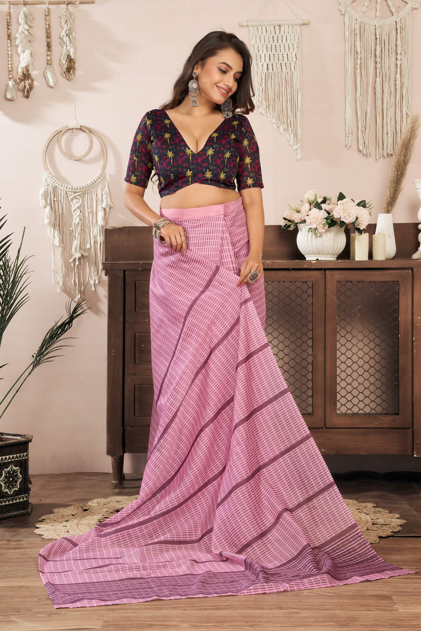 Dwija Fashion Powder Pink Party Wear Printed Linen Ready To Wear Saree With Unstitched Blouse