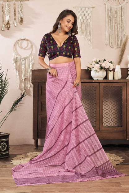 Dwija Fashion Powder Pink Party Wear Printed Linen Ready To Wear Saree With Unstitched Blouse
