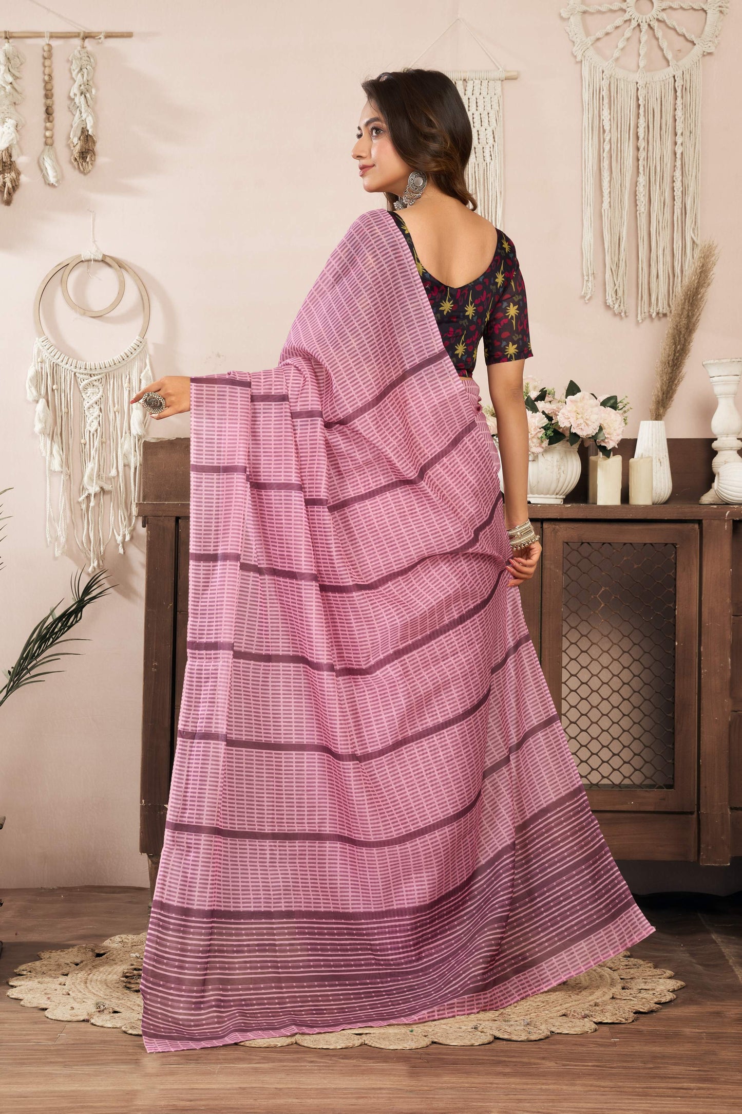 Dwija Fashion Powder Pink Party Wear Printed Linen Ready To Wear Saree With Unstitched Blouse