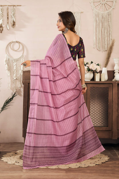 Dwija Fashion Powder Pink Party Wear Printed Linen Ready To Wear Saree With Unstitched Blouse