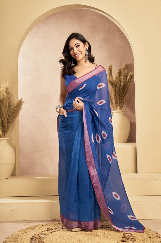 Dwija Fashion Dark Blue Party Wear Printed Linen Ready To Wear Saree With Unstitched Blouse
