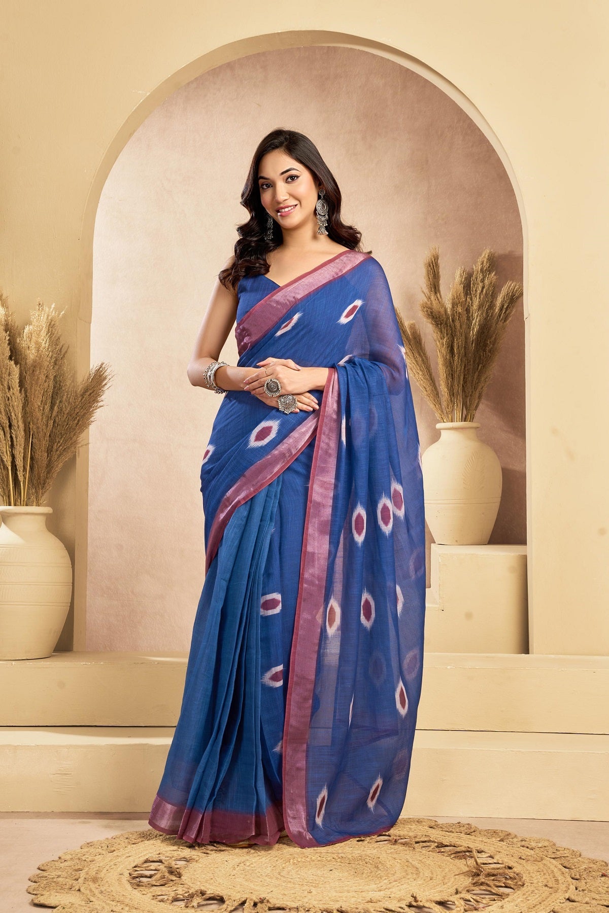 Dwija Fashion Dark Blue Party Wear Printed Linen Ready To Wear Saree With Unstitched Blouse