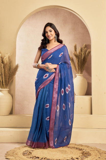 Dwija Fashion Dark Blue Party Wear Printed Linen Ready To Wear Saree With Unstitched Blouse
