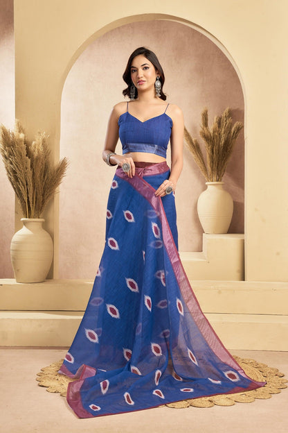 Dwija Fashion Dark Blue Party Wear Printed Linen Ready To Wear Saree With Unstitched Blouse