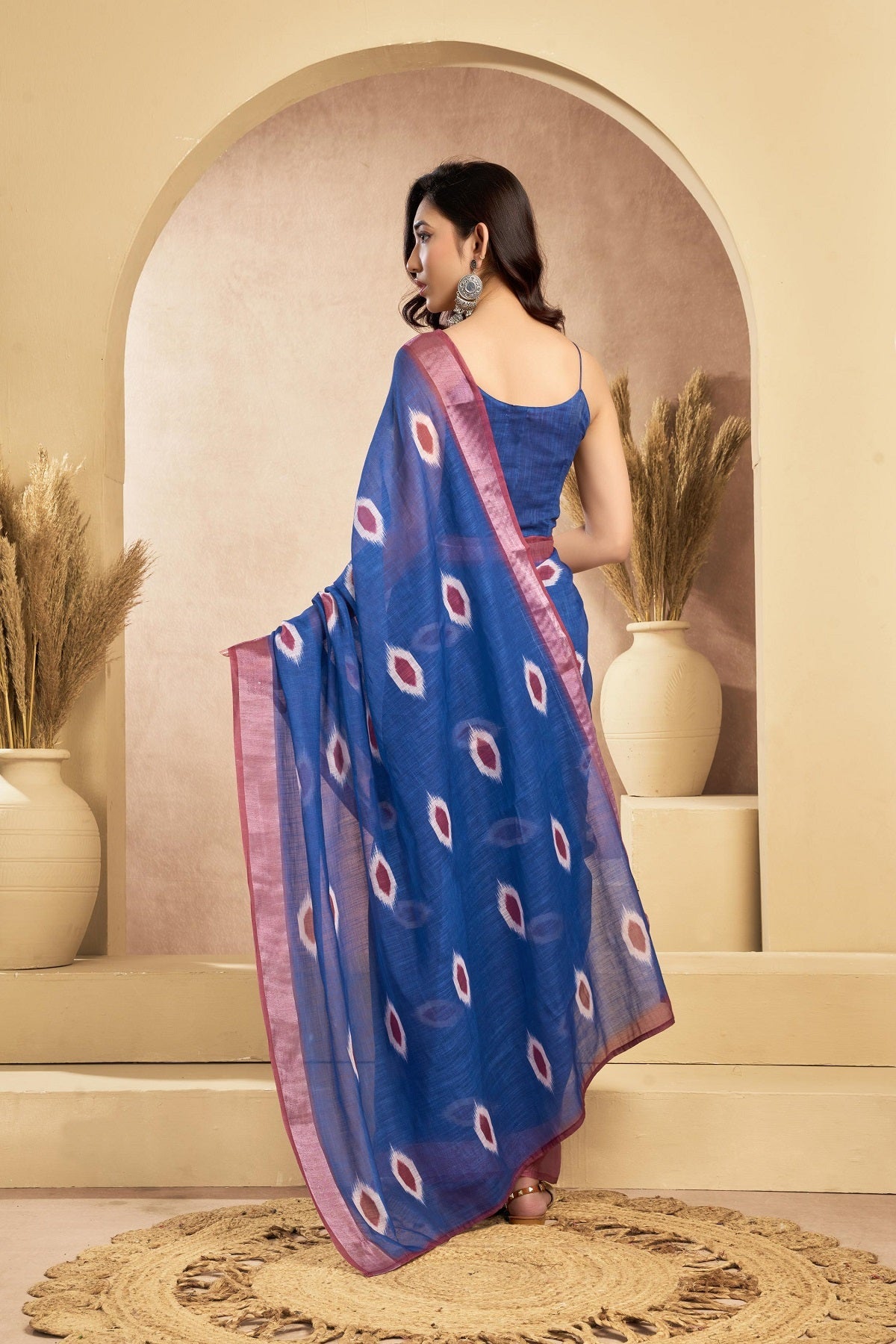 Dwija Fashion Dark Blue Party Wear Printed Linen Ready To Wear Saree With Unstitched Blouse
