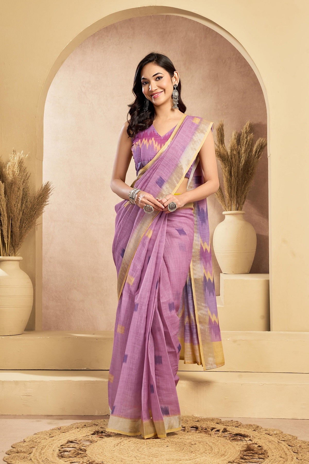 Dwija Fashion Dusky Pink Party Wear Printed Linen Ready To Wear Saree With Unstitched Blouse