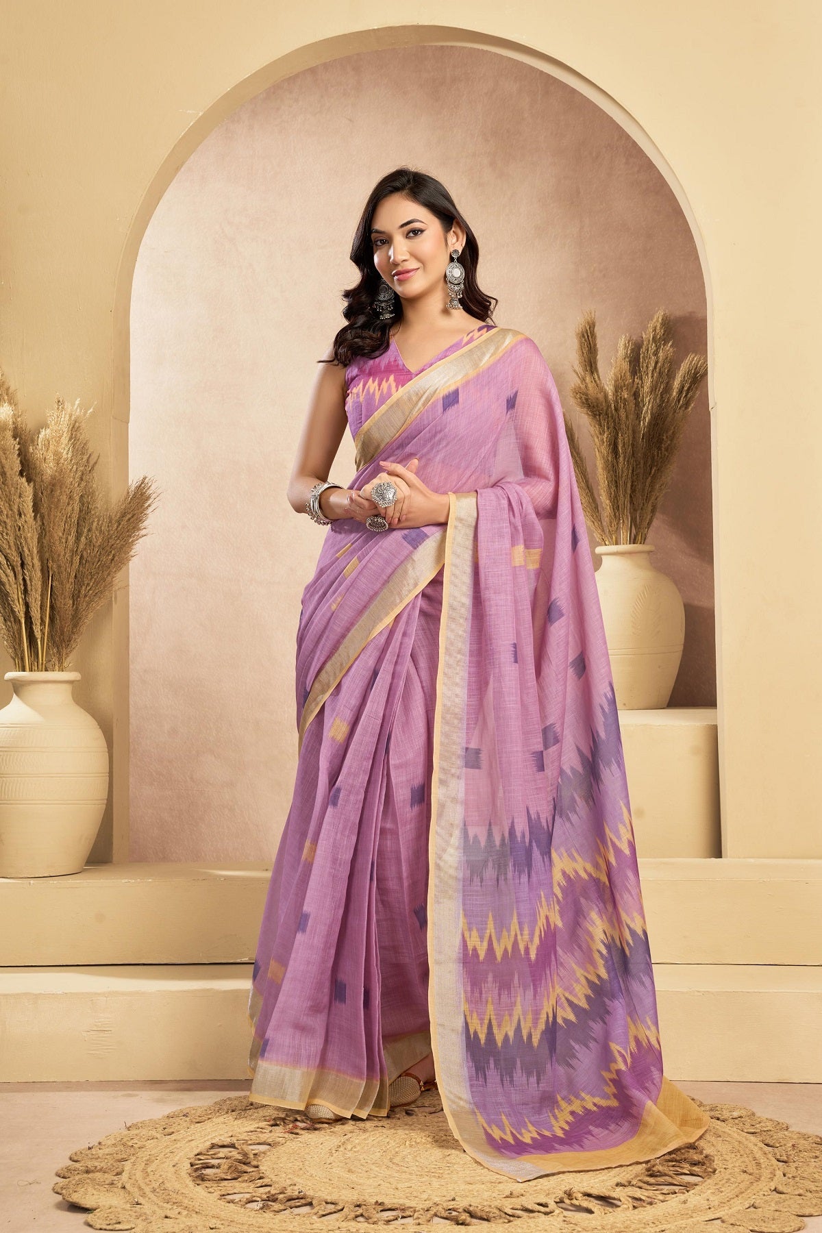 Dwija Fashion Dusky Pink Party Wear Printed Linen Ready To Wear Saree With Unstitched Blouse