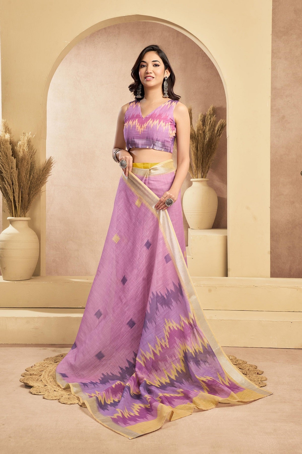 Dwija Fashion Dusky Pink Party Wear Printed Linen Ready To Wear Saree With Unstitched Blouse