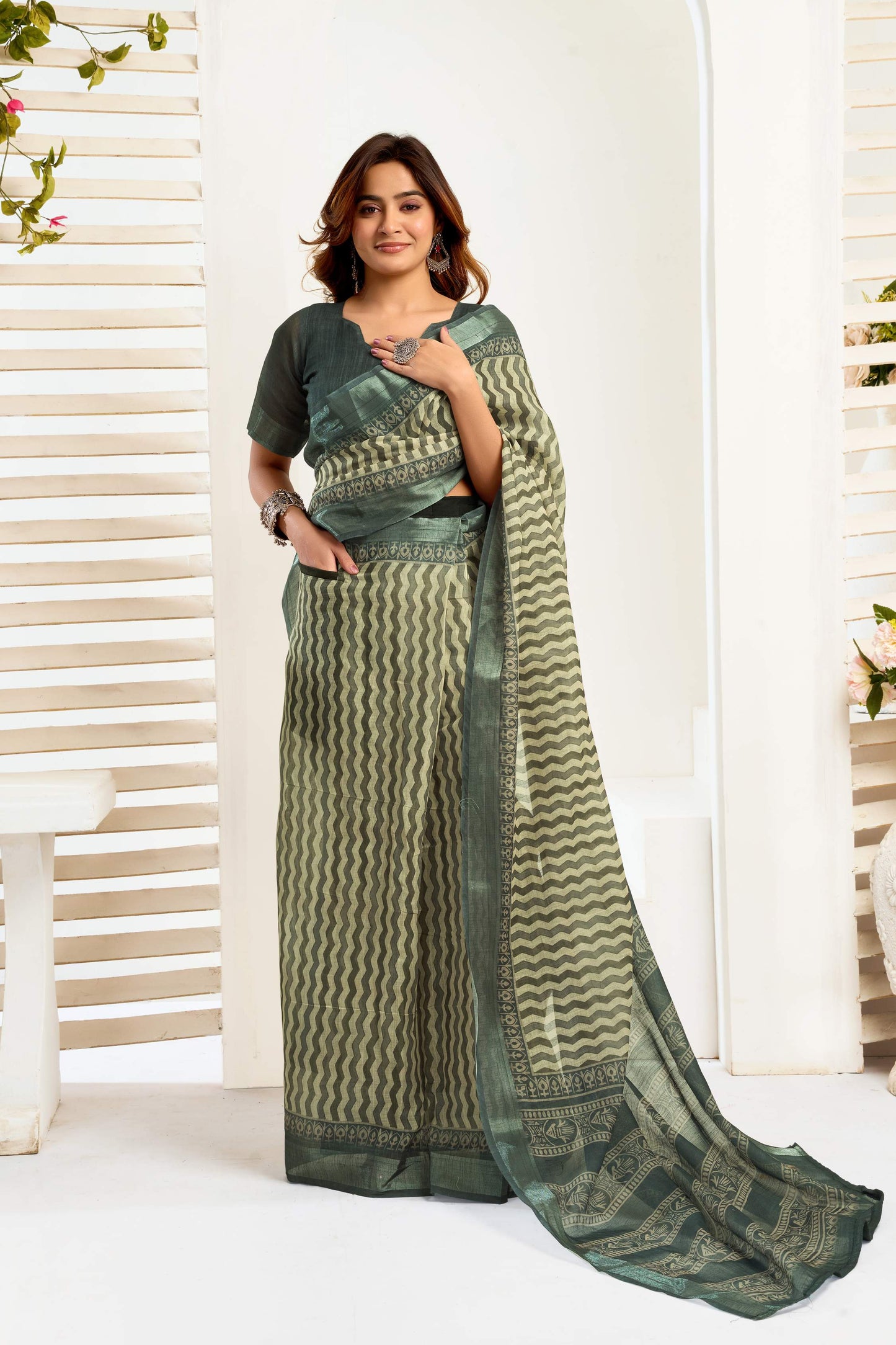 Dwija Fashion Dark Green Party Wear Printed Linen Ready To Wear Saree With Unstitched Blouse