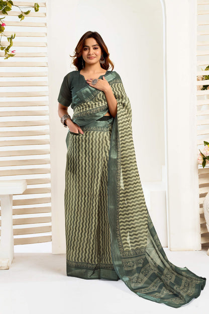 Dwija Fashion Dark Green Party Wear Printed Linen Ready To Wear Saree With Unstitched Blouse