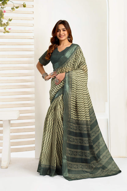 Dwija Fashion Dark Green Party Wear Printed Linen Ready To Wear Saree With Unstitched Blouse