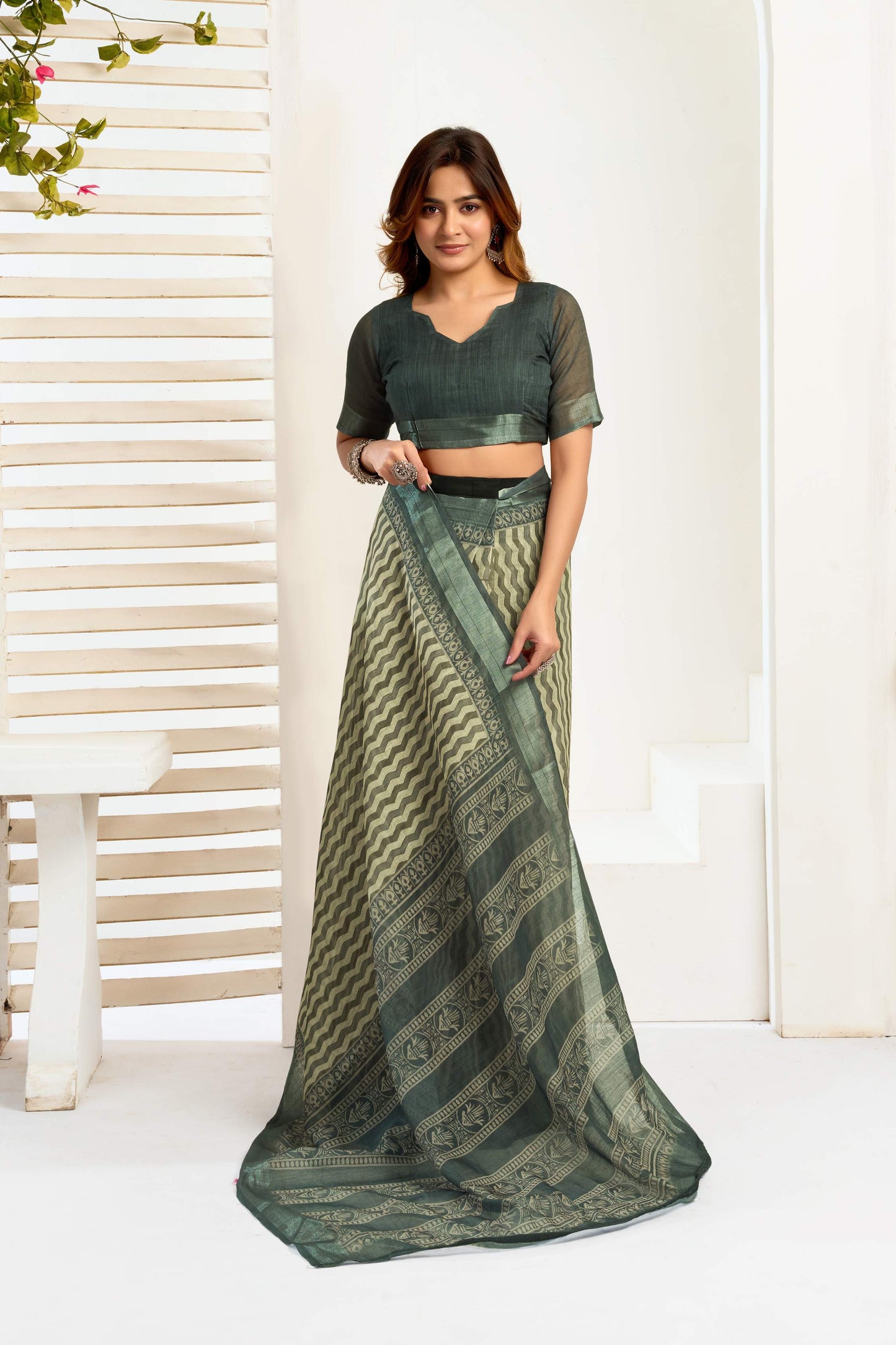 Dwija Fashion Dark Green Party Wear Printed Linen Ready To Wear Saree With Unstitched Blouse