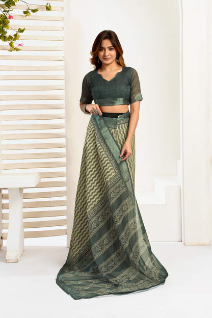 Dwija Fashion Dark Green Party Wear Printed Linen Ready To Wear Saree With Unstitched Blouse