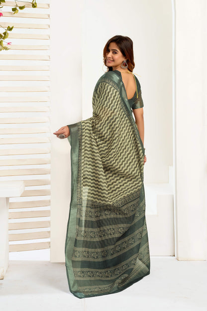 Dwija Fashion Dark Green Party Wear Printed Linen Ready To Wear Saree With Unstitched Blouse