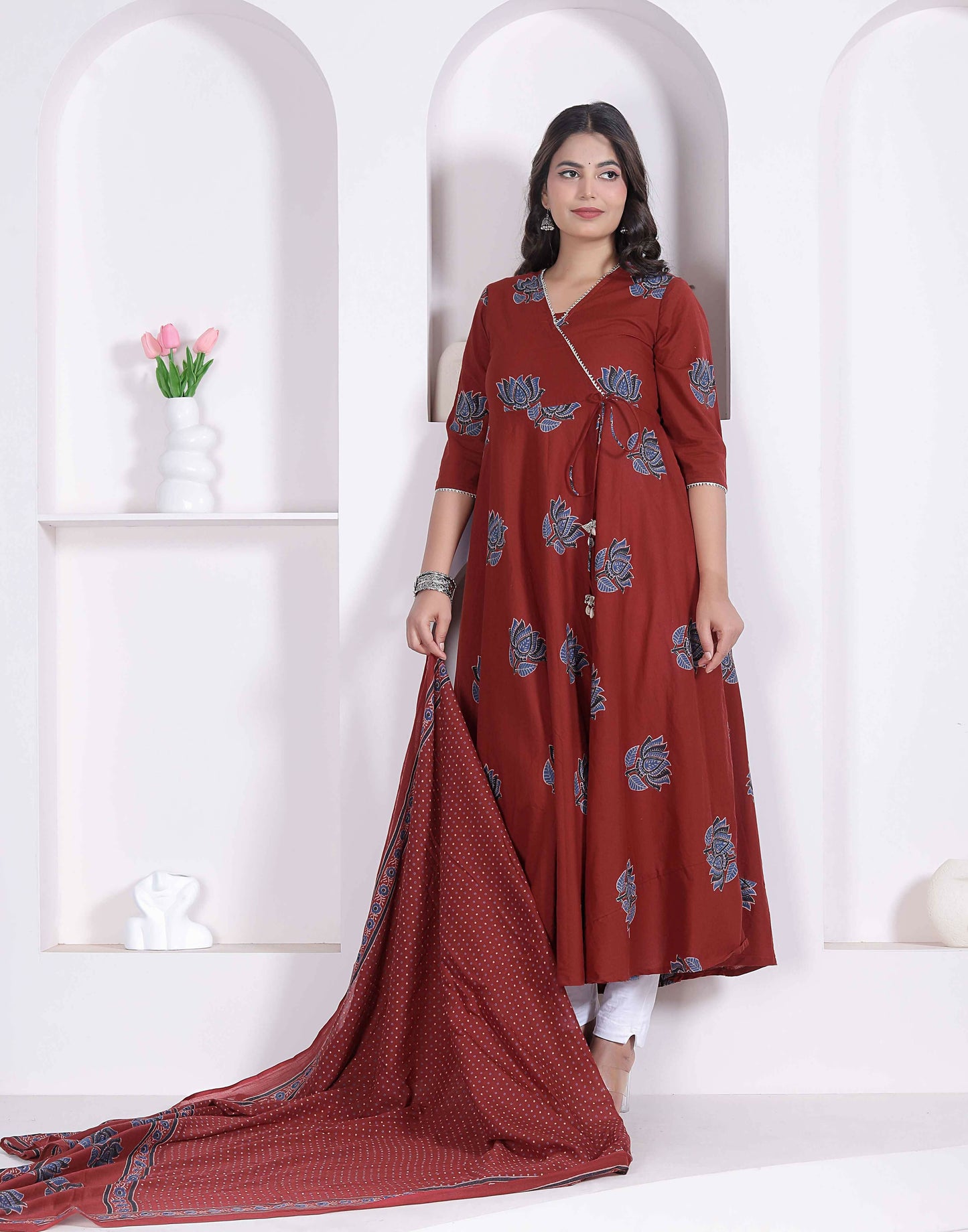 Miravan Women Rust Floral Printed Angrakha Kurta And Dupatta