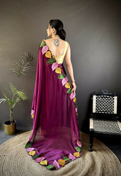 Prime Volt Multicolor Leaf Embroidery Rangoli Silk Saree with Scalloped Border-Purple