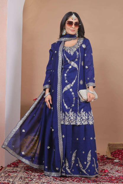 The52 Women's Gorgeous Embroidery Work Vichitra Blooming Fabric Straight Kurta Sharara and Dupatta Set