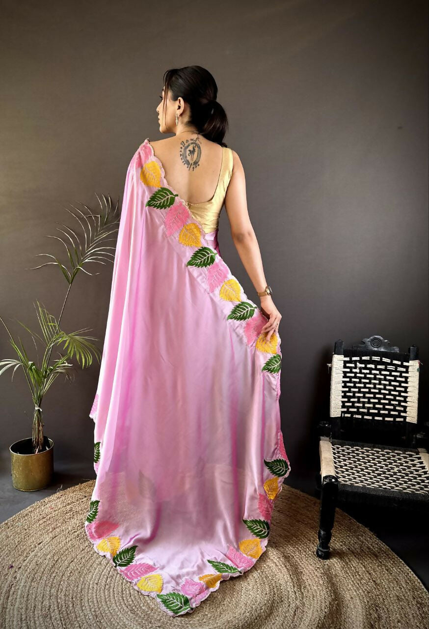 Prime Volt Multicolor Leaf Embroidery Rangoli Silk Saree with Scalloped Border-Pink