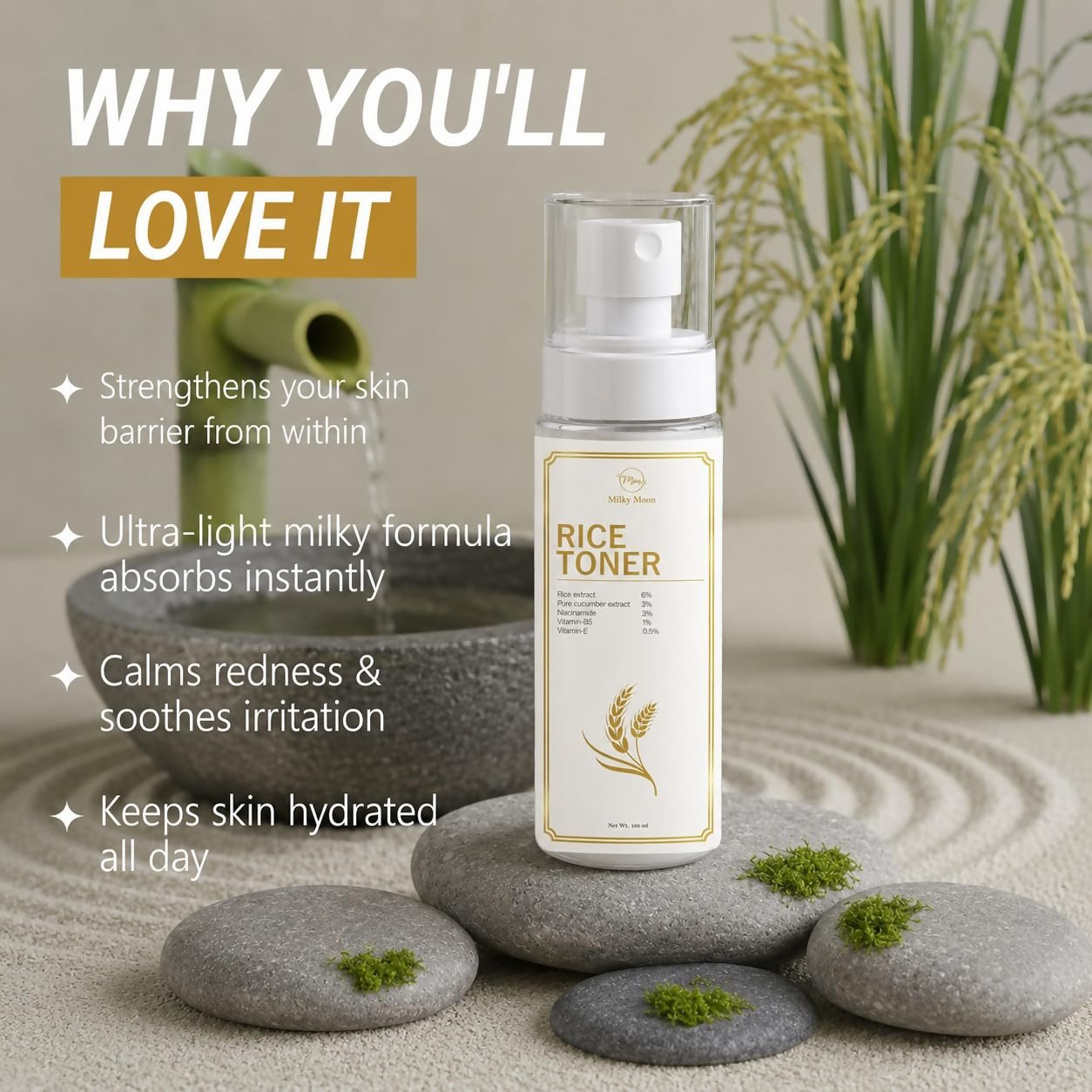Milky Moon Rice Water Face Toner with Niacinamide & Ginseng For Clear, Glass Korean Skin