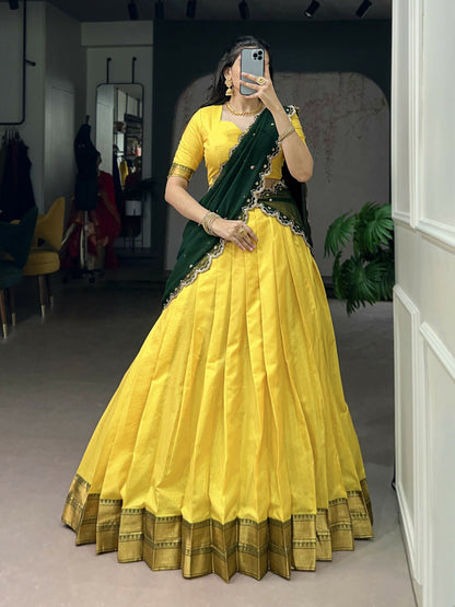 Lorenvalley Fashion Yellow Cotton Silk Zari Weaving Work Lehenga Choli with Dupatta