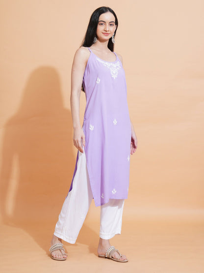 Pahnaz Luxury Rayon Chikankari Sleeveless Long Kurti-Lavender