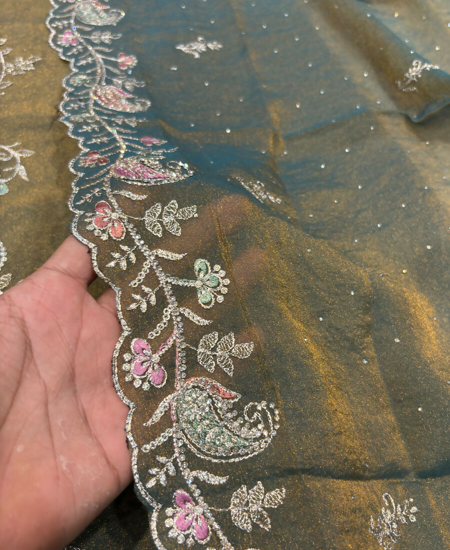 KC Heavy Embroidery Worked Two Ton Moss Silk Grey Suit For Women