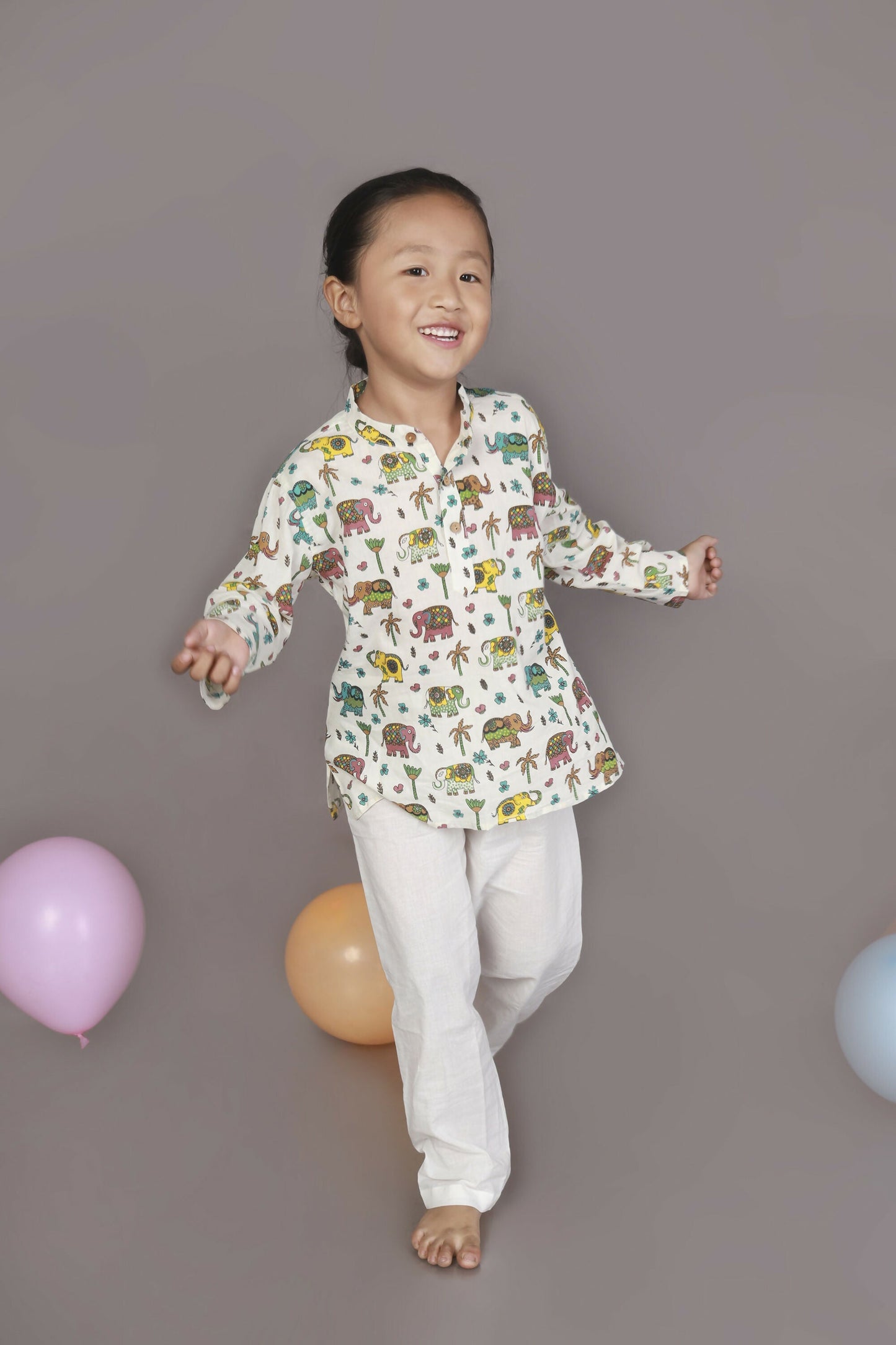 Breathables Kids Cotton Elephant Print Kurta Pyjama Night Suit - White